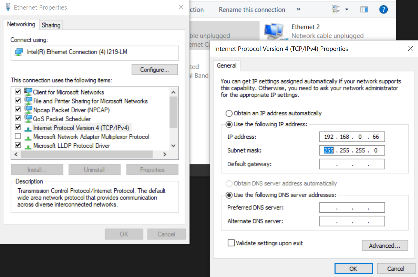 Network Control Panel - Adapter settings for TFTP Server